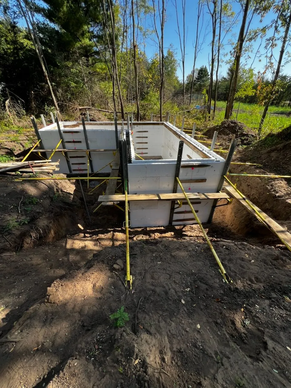 ICF foundation forms braced and ready to pour